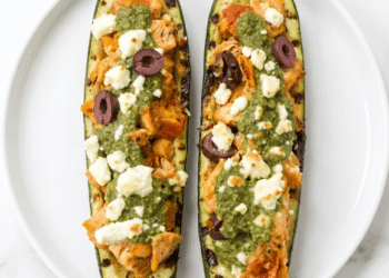 Grilled Mediterranean Zucchini Boats [gluten-free + high-protein] • Wholesome Helper