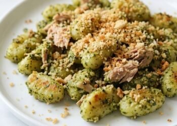 Baked Pesto Gnocchi with Tuna [gluten-free + vegan option] • Wholesome Helper