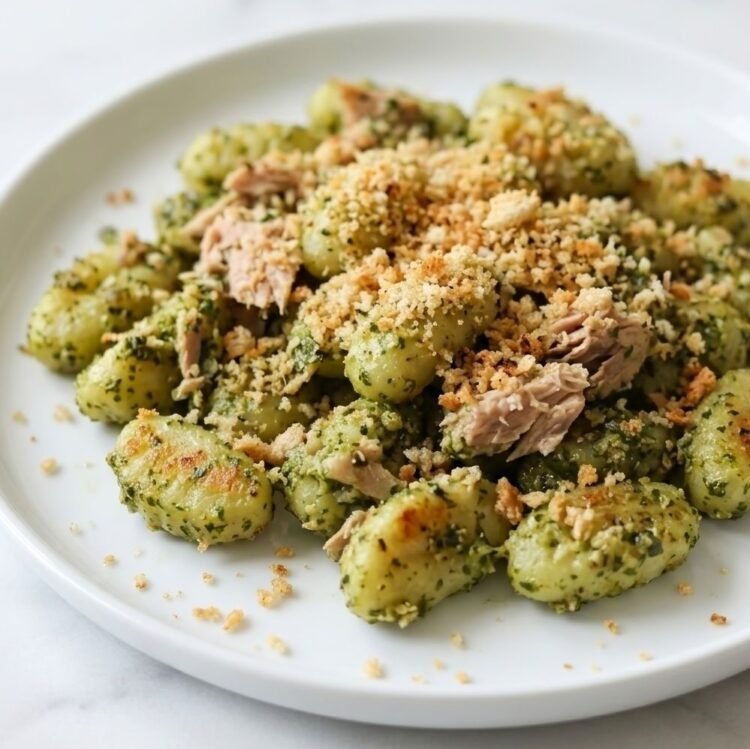 Baked Pesto Gnocchi with Tuna [gluten-free + vegan option] • Wholesome Helper