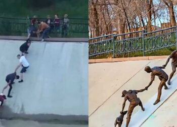 Sculpture honors strangers who shaped human chain to avoid wasting canine