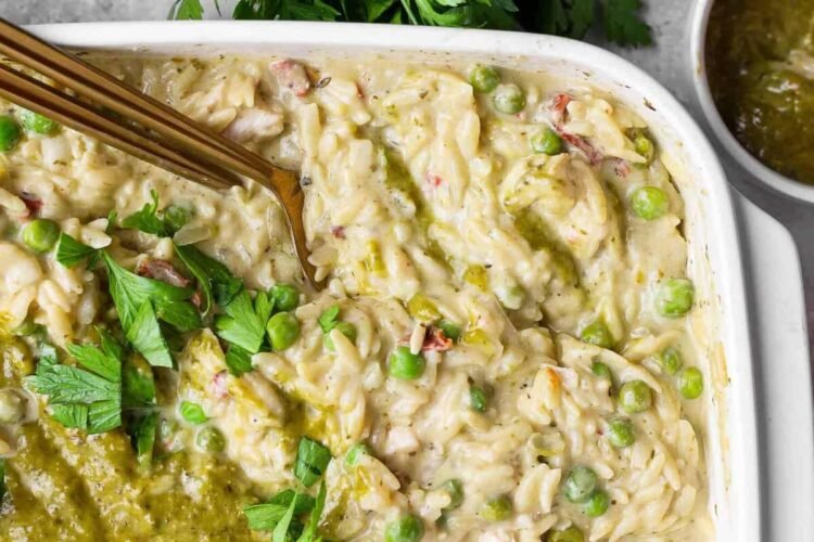 Dump-and-Bake Hen Pesto Orzo Recipe