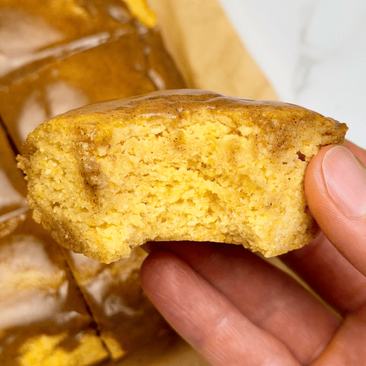Pumpkin Protein Cornbread with Pumpkin Spice Icing [no added sugar + gluten-free] • Wholesome Helper