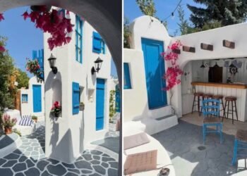 A person constructed a miniature Greek village in his yard
